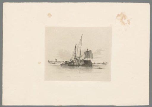 Three low, covered boats in the Thames near Nine Elms with a windmill on the left