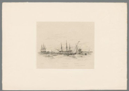 Three-masted sailing ship and a frigate at Spithead near Portsmouth
