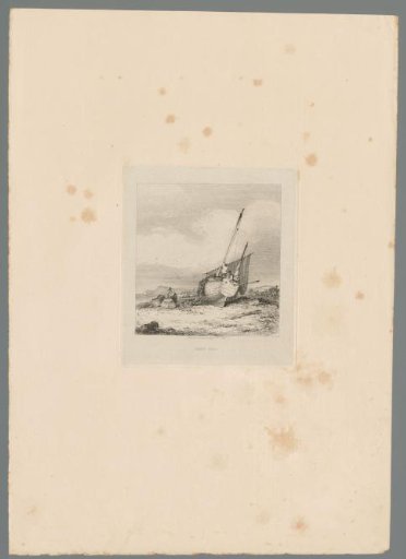 Three figures at work on the beach near a fishing boat