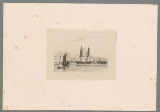 Large sailing ship with two masts and two smaller sailing boats on calm water near Greenwich
