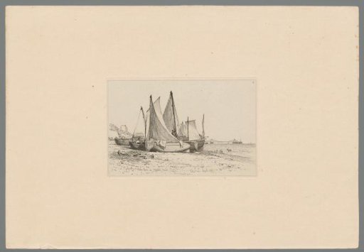 Figures sitting in small sailing boats on the beach of Brighton, view of the pier on the right