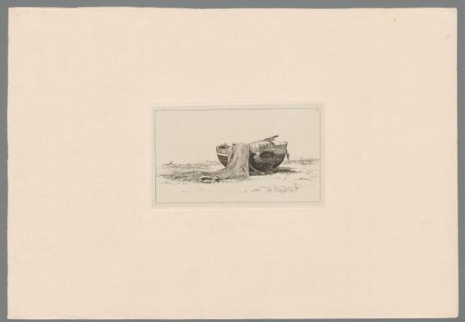 Small, partly covered rowing boat with fishing net on the beach of Brighton