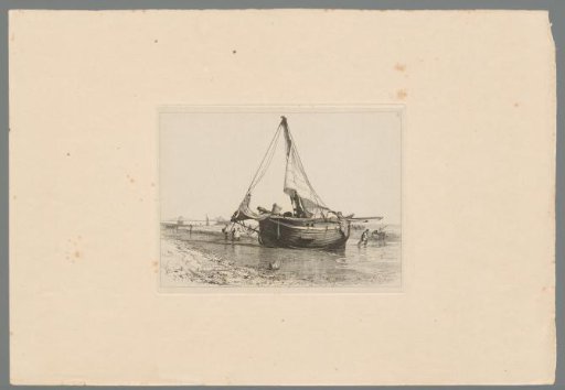 Figures at work around a sailing boat with fishing net, which lies half on the beach of Brighton