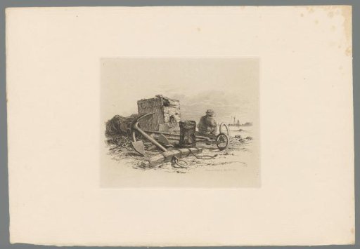 Man smoking a pipe sitting on an anchor on the quay