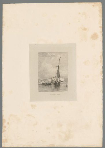 Sailing fishing boat lying off Dover being unloaded by figures in small rowboats