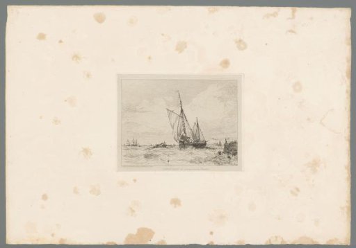 Rowboat with various figures sailing alongside a sailing boat, close to the quay