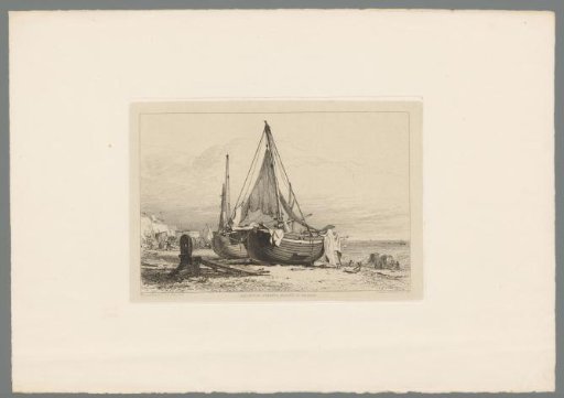 Two boats with fishing nets hanging from the mast on the beach of Brighton, covered wagons in the background
