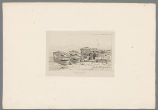 Four wherries lying in the water on the bank of the Thames near Richmond
