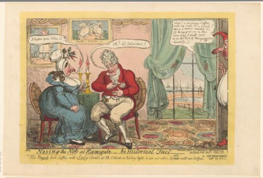 George IV drinking coffee with Anne Curtis while her husband William Curtis enters the room