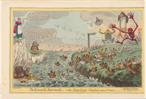 Geese with human heads fleeing from three French monsters, and making the crossing to England