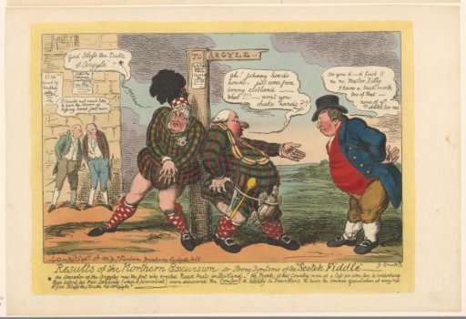 George IV and William Curtis leaning in Scottish dress against a signpost, on the right John Bull refusing a hand from Curtis