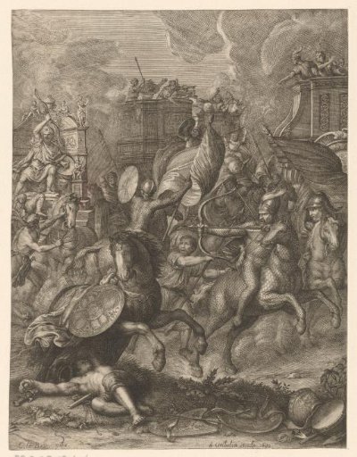 Battle with soldiers on horses and high chariots