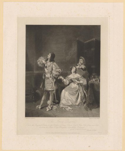 Man in elegant costume turns away from seated woman showing a medallion