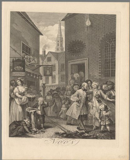 Crowd in a street with taverns and a chapel