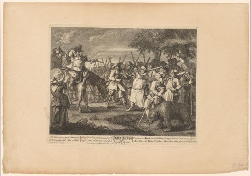 Hudibras aiming his pistol at a group of men with clubs