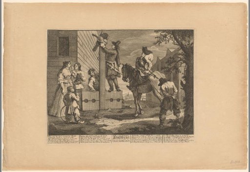 Hudibras with an arrested violinist watching Ralpho tie his violin to a pillory