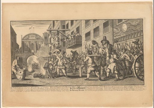 Angry mob with a likeness of Hudibras near Temple Bar in London