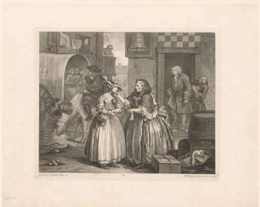 Moll Hackabout arriving in London and being watched by brothel owner Elizabeth Needham