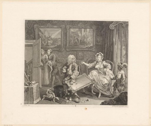 Moll Hackabout kicking over a table at a merchant's home