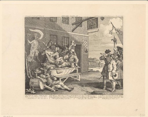 Group of Soldiers and Women Standing Outside a Tavern Near a Caricature of Louis XV