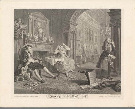 Bride and groom slumped in chairs, in a richly decorated interior