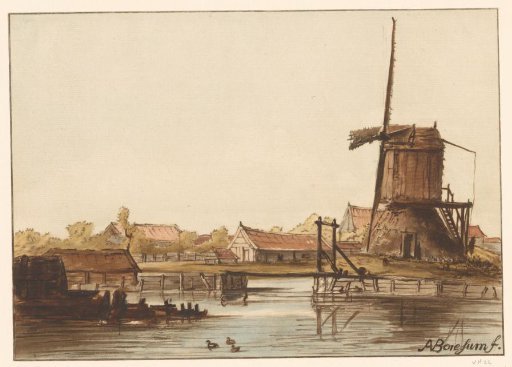 Landscape with mill and houses by the water