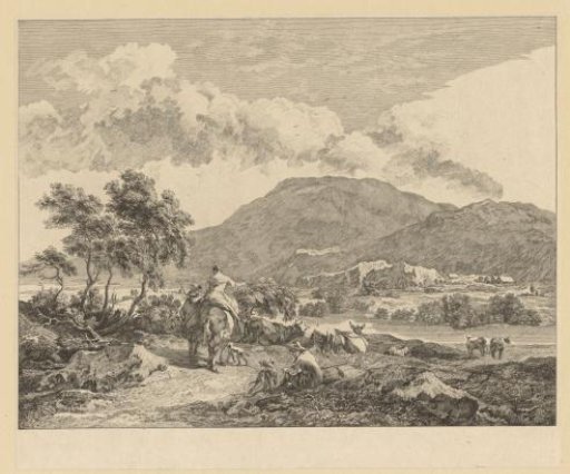 Hilly landscape with travelers and a resting shepherd