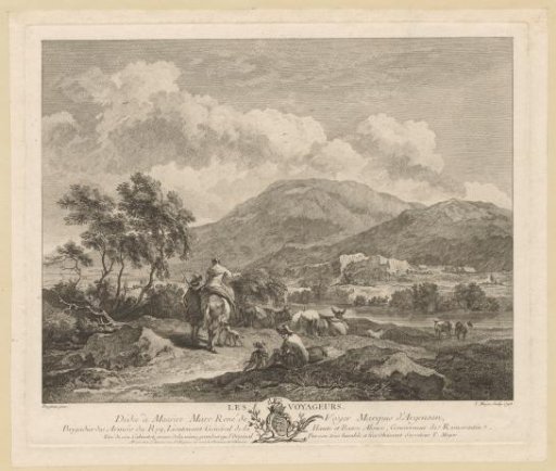 Hilly landscape with travelers and a resting shepherd