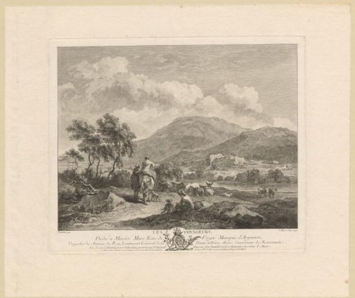 Hilly landscape with travelers and a resting shepherd