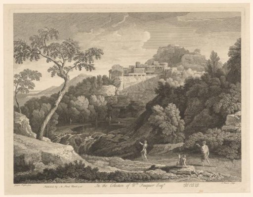 Three figures point to a lake in a wooded landscape with a village on a hill