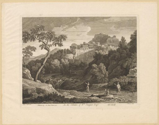 Three figures point to a lake in a wooded landscape with a village on a hill