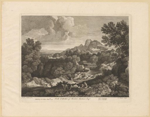 Hilly wooded landscape with lake and resting hunters