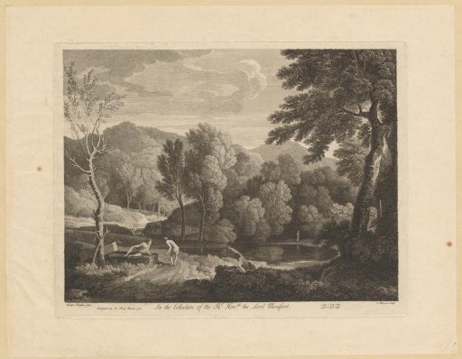 Landscape with four figures around a small lake in a forest
