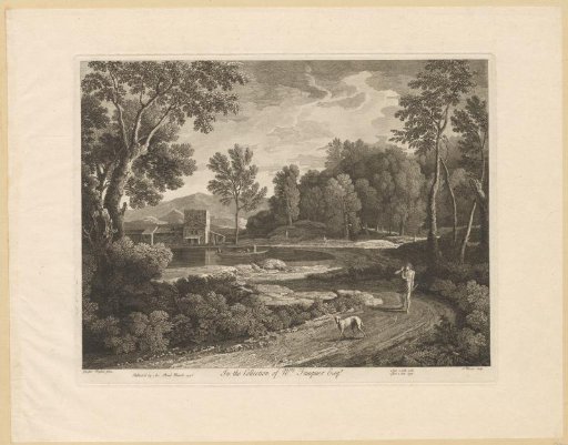 Landscape with rowing boat on a small lake and man with dog on a path