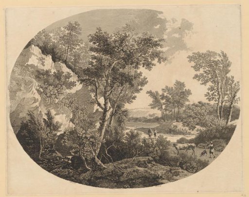 Wooded landscape with shepherd on the road with two cows and dog
