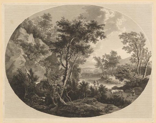 Wooded landscape with shepherd on the road with two cows and dog