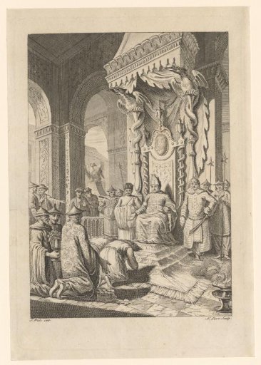Asian emperor on throne receiving a delegation