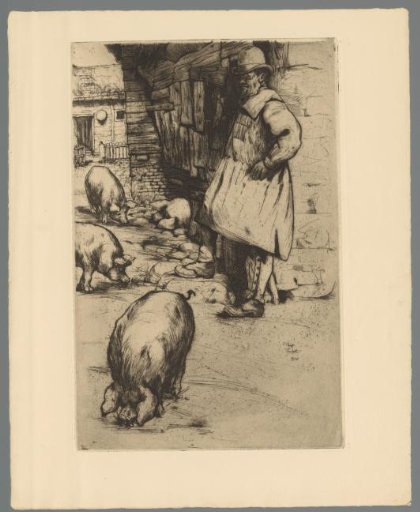 Peasant standing by four pigs