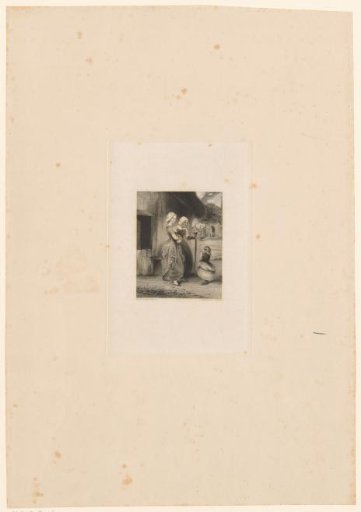 Girl standing with folded hands before a young and old woman in a village