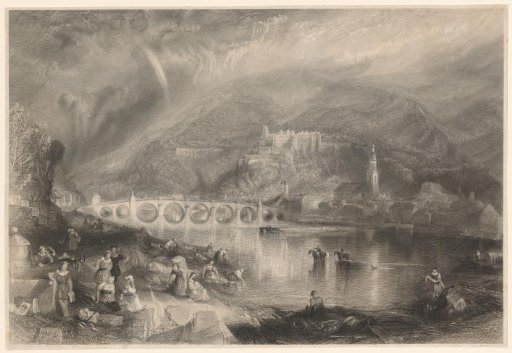 Landscape with a bridge over a river and women washing on the bank