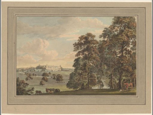 View of fields and Warwick Castle