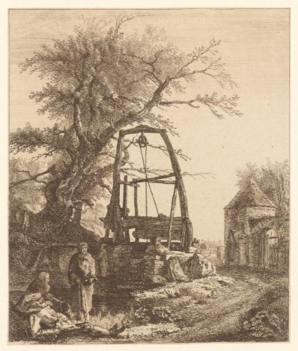 Three men at a water well