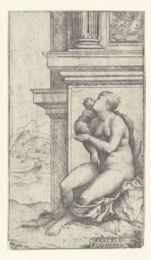 Woman with child seated by a classical building