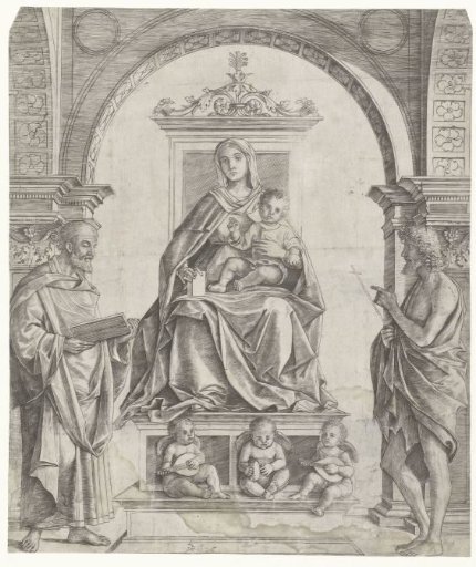 Mary with Child Sitting on a Throne between Saint Peter and John the Baptist with Musician Angels and Three Female Saints in the Background