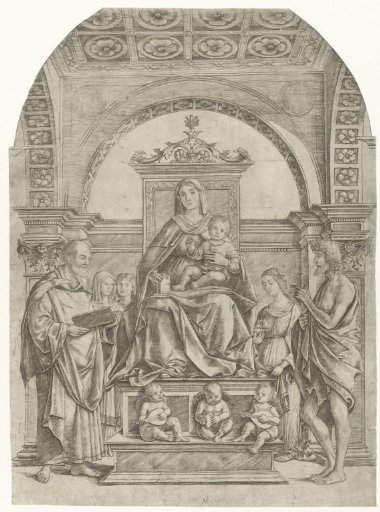 Mary with Child Sitting on a Throne between Saint Peter and John the Baptist with Musician Angels and Three Female Saints in the Background