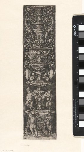 Fragment of a candelabrum built up from two children with cat and dog at a vase on which two children are urinating, and above that a vase between leafy scrolls