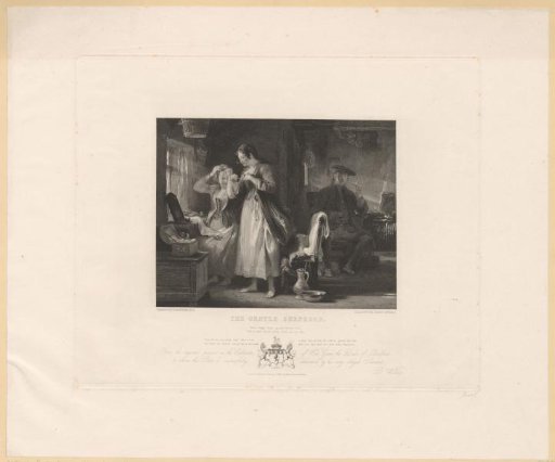 Interior with two women doing their hair and a man smoking a pipe