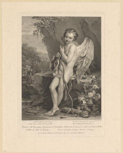 Cupid standing against a rock