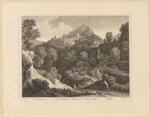 Hilly landscape with a town and forest paths