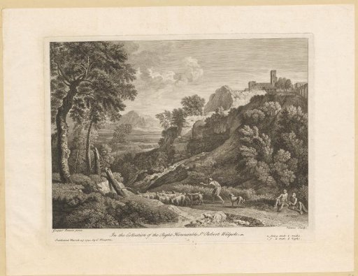Hilly landscape with a shepherd and flock